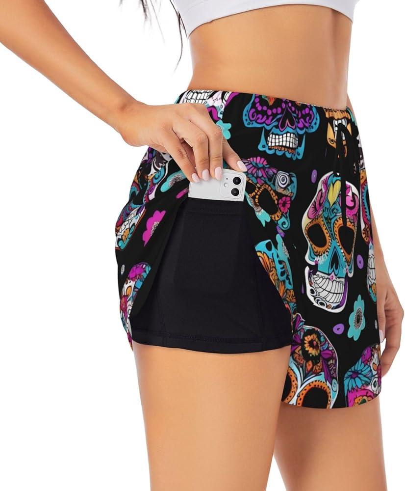 Sugar Skull Print Athletic Shorts for Women Running Workout
